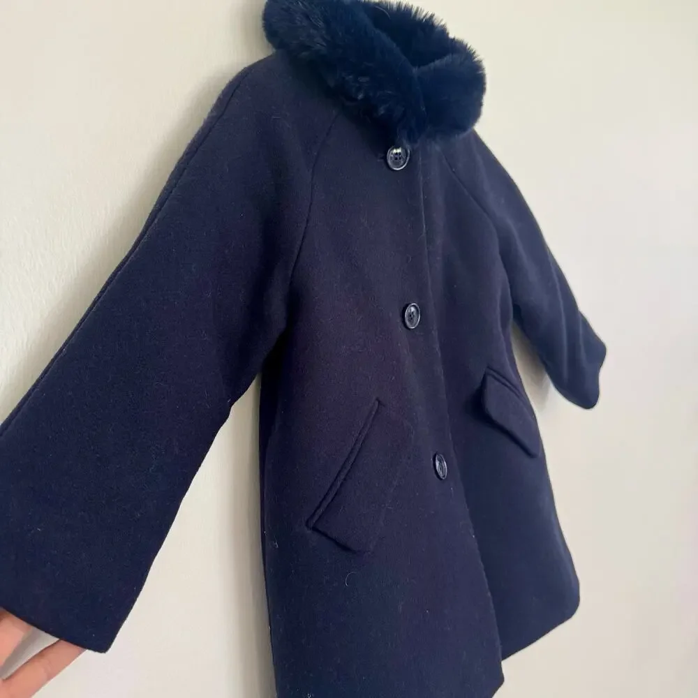Jacadi Paris Girls Wool Blend Winter Coat with Faux Fur Collar in Blue